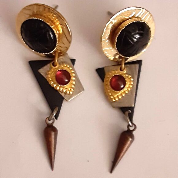 Art Deco style 2" dangle earrings gold tone - Picture 1 of 2